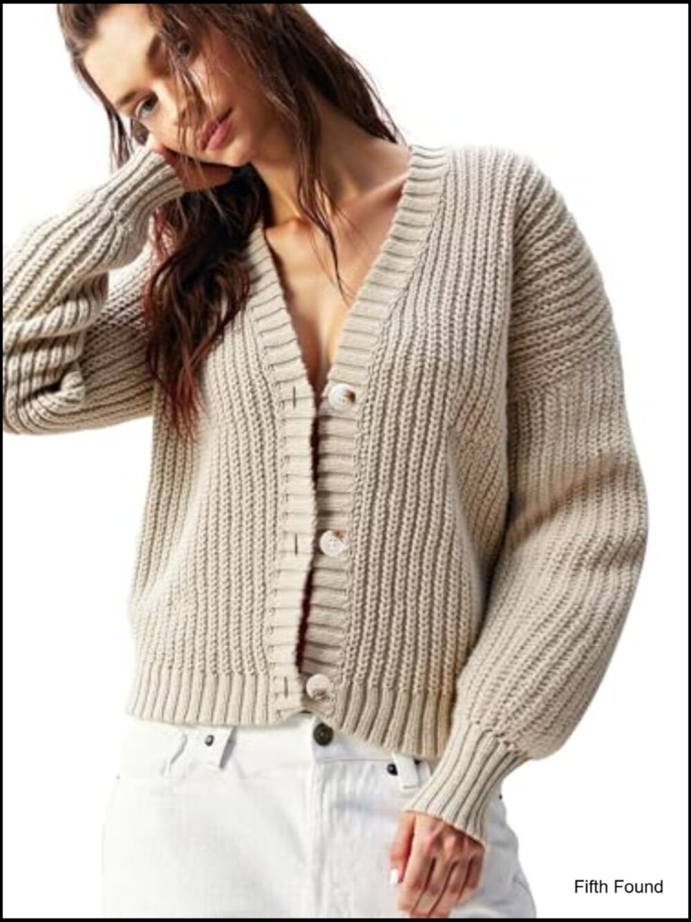 Chunky Knit Cardigan – Waffle Knit Button Down Oversized V Neck Fall Sweater - Picture 6 of 6